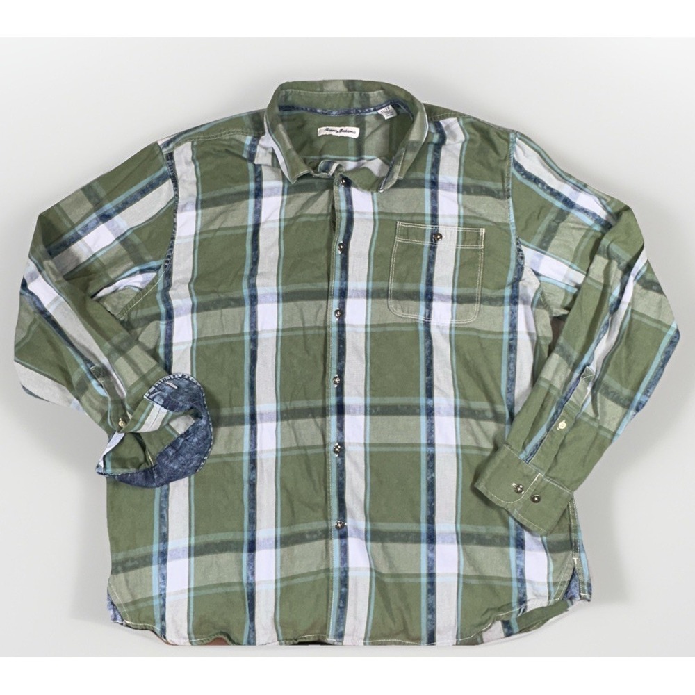 Tommy Bahama Shirt Mens XLG Rustic Buffalo Plaid Cotton Button Up Cuff Accent